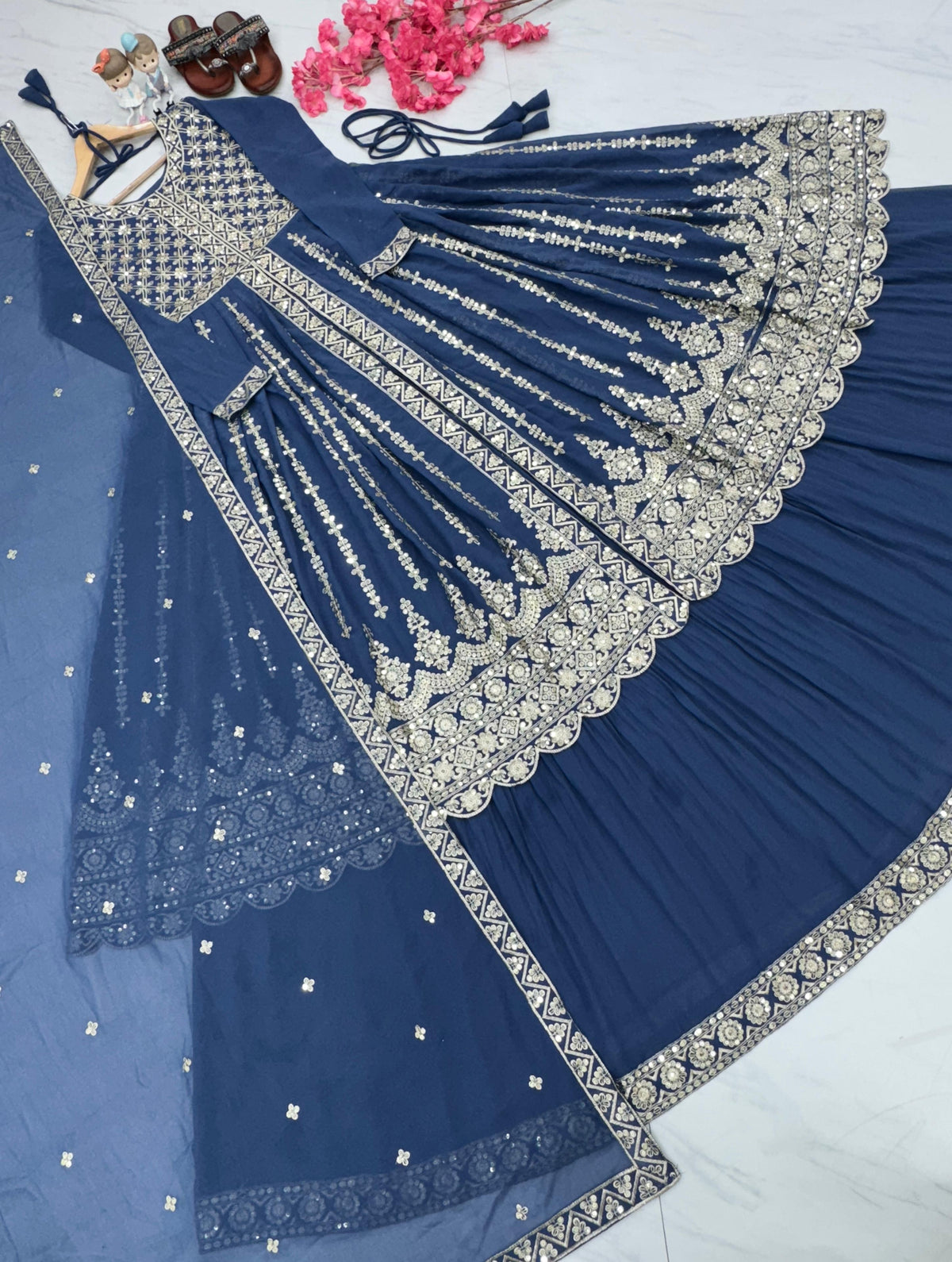 Georgette Blue Color Full Work Sequence Work Top With Lehenga