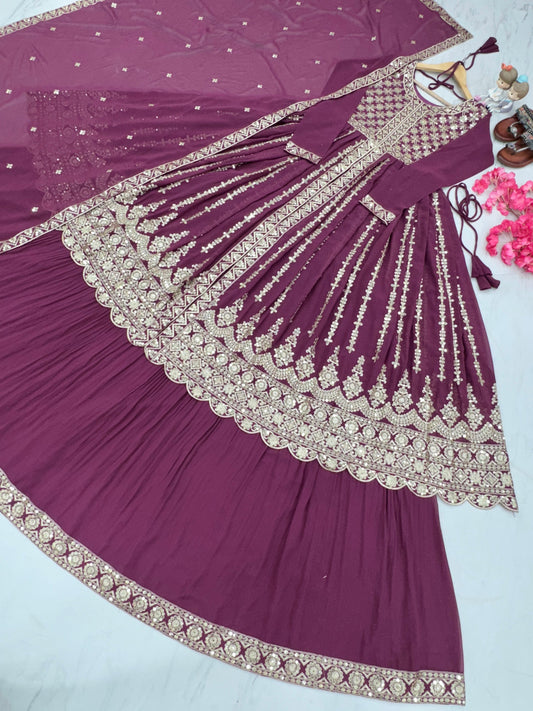 Georgette Wine Color Full Work Sequence Work Top With Lehenga