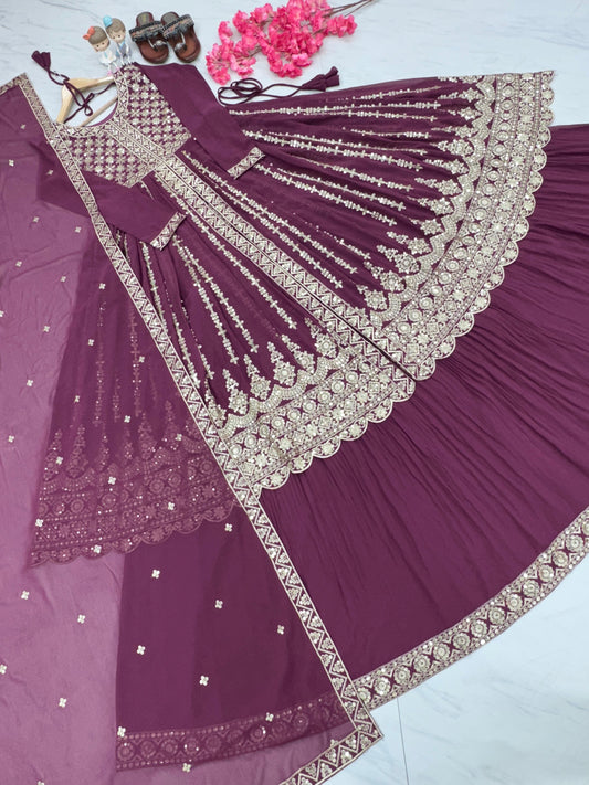 Georgette Wine Color Full Work Sequence Work Top With Lehenga