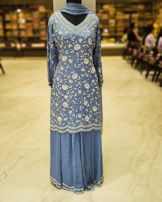 Stylish Heavy Sequence Work Sky Blue Color Sharara Suit