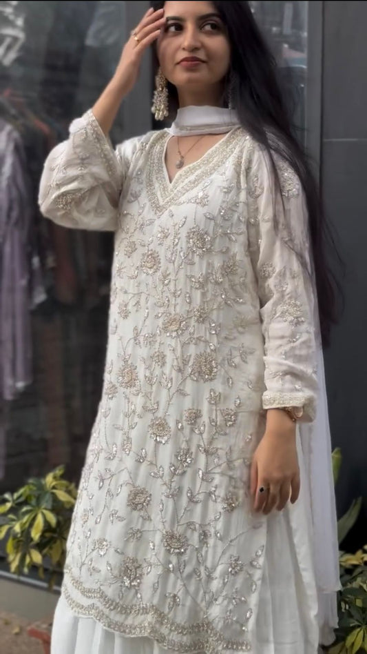 Stylish Heavy Sequence Work White Color Sharara Suit