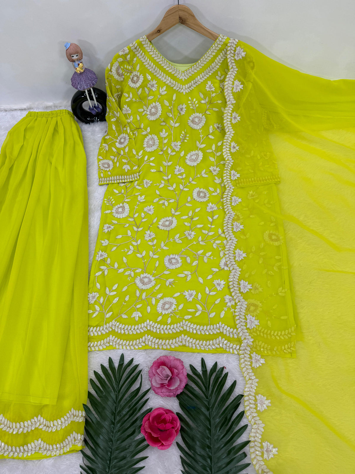 Stylish Heavy Sequence Work Perrot Color Sharara Suit