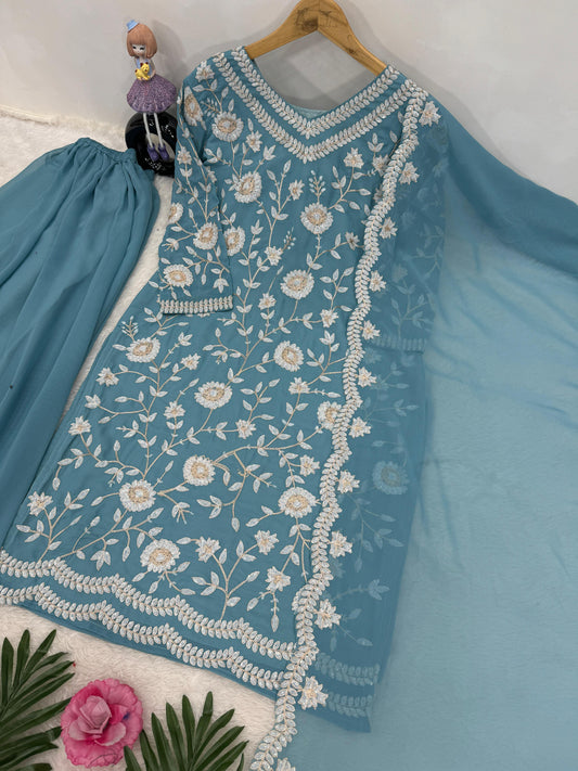 Stylish Heavy Sequence Work Sky Blue Color Sharara Suit