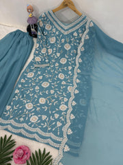 Stylish Heavy Sequence Work Sky Blue Color Sharara Suit