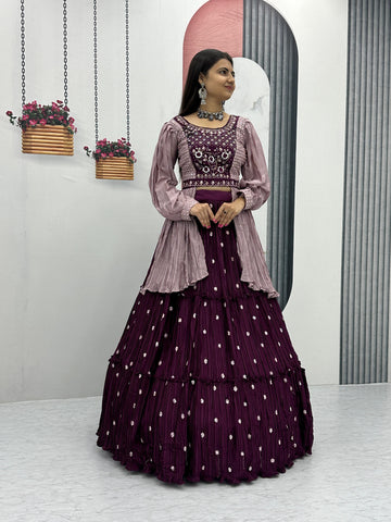 Delightful Chinon Wine Color Lehenga With Stylish Blouse