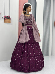 Delightful Chinon Wine Color Lehenga With Stylish Blouse