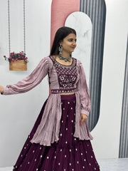 Delightful Chinon Wine Color Lehenga With Stylish Blouse