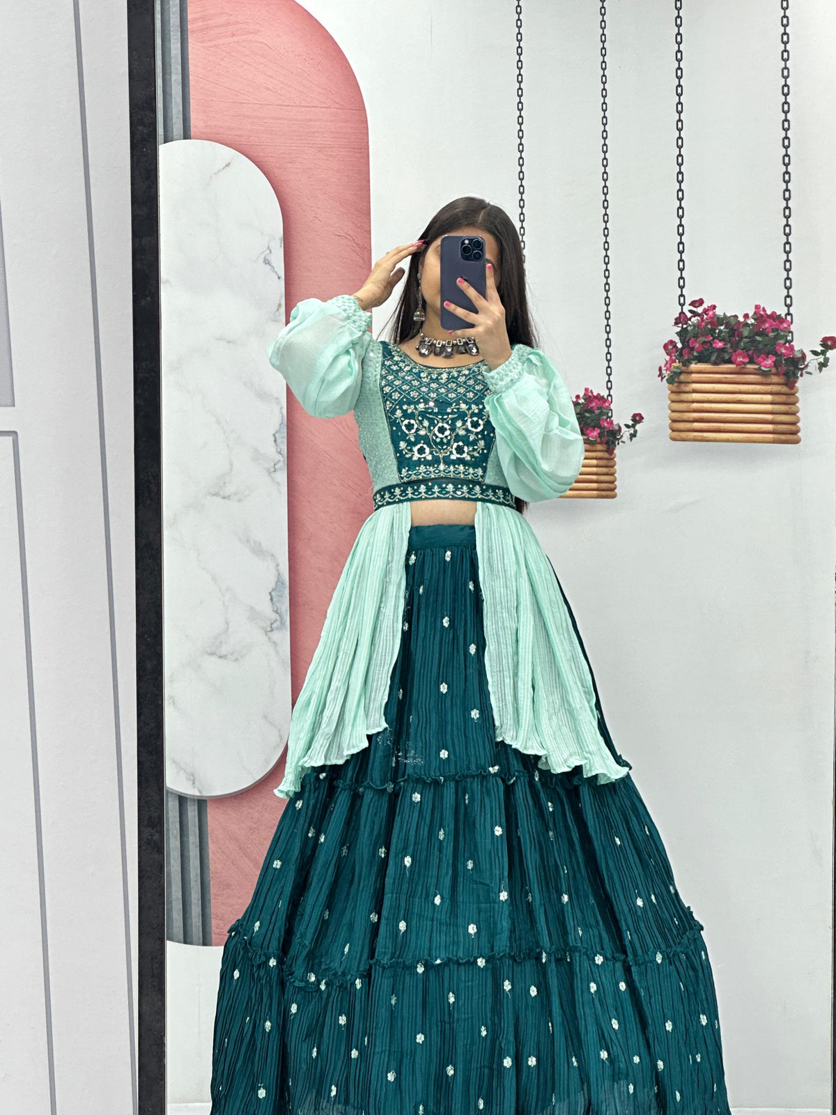 Delightful Chinon Teal Blue Lehenga With Stylish Blouse