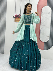 Delightful Chinon Teal Blue Lehenga With Stylish Blouse