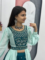 Delightful Chinon Teal Blue Lehenga With Stylish Blouse