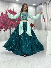 Delightful Chinon Teal Blue Lehenga With Stylish Blouse