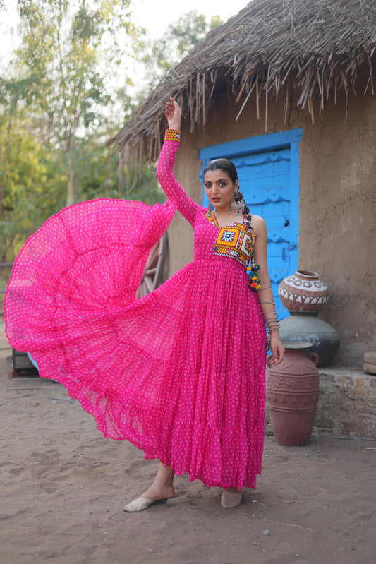 Bandhani Print Pink Color Kutchi Patch Work Navratri Gown