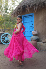 Bandhani Print Pink Color Kutchi Patch Work Navratri Gown