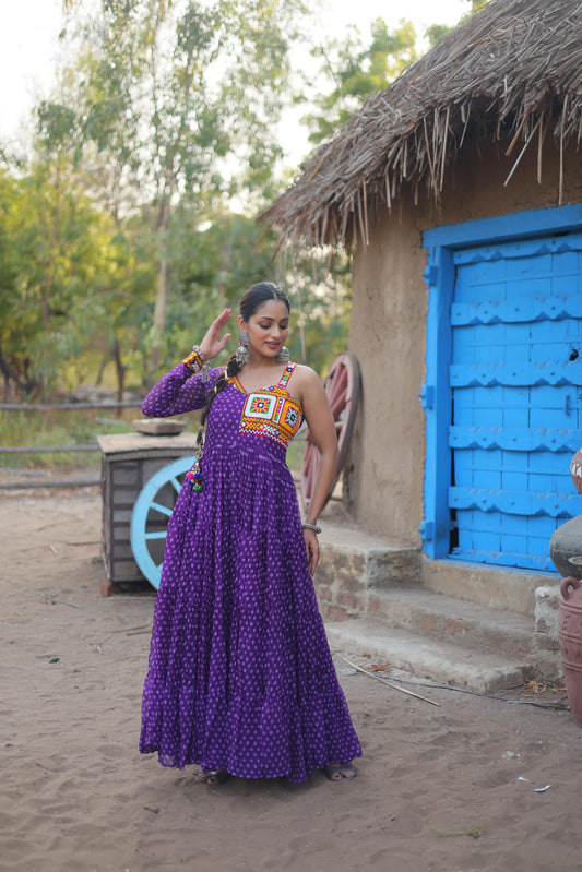 Bandhani Print Purple Color Kutchi Patch Work Navratri Gown