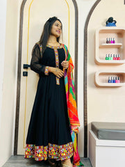 Exotic Black Color Gamthi Work Gown With Multi Dupatta