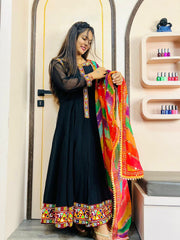 Exotic Black Color Gamthi Work Gown With Multi Dupatta