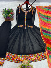 Exotic Black Color Gamthi Work Gown With Multi Dupatta