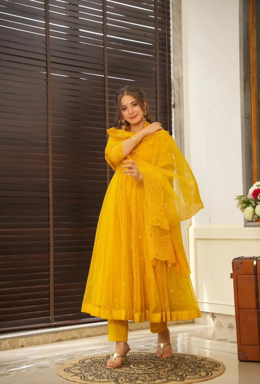 Peaceful Georgette Yellow Color Embroidery Work Anarkali Gown