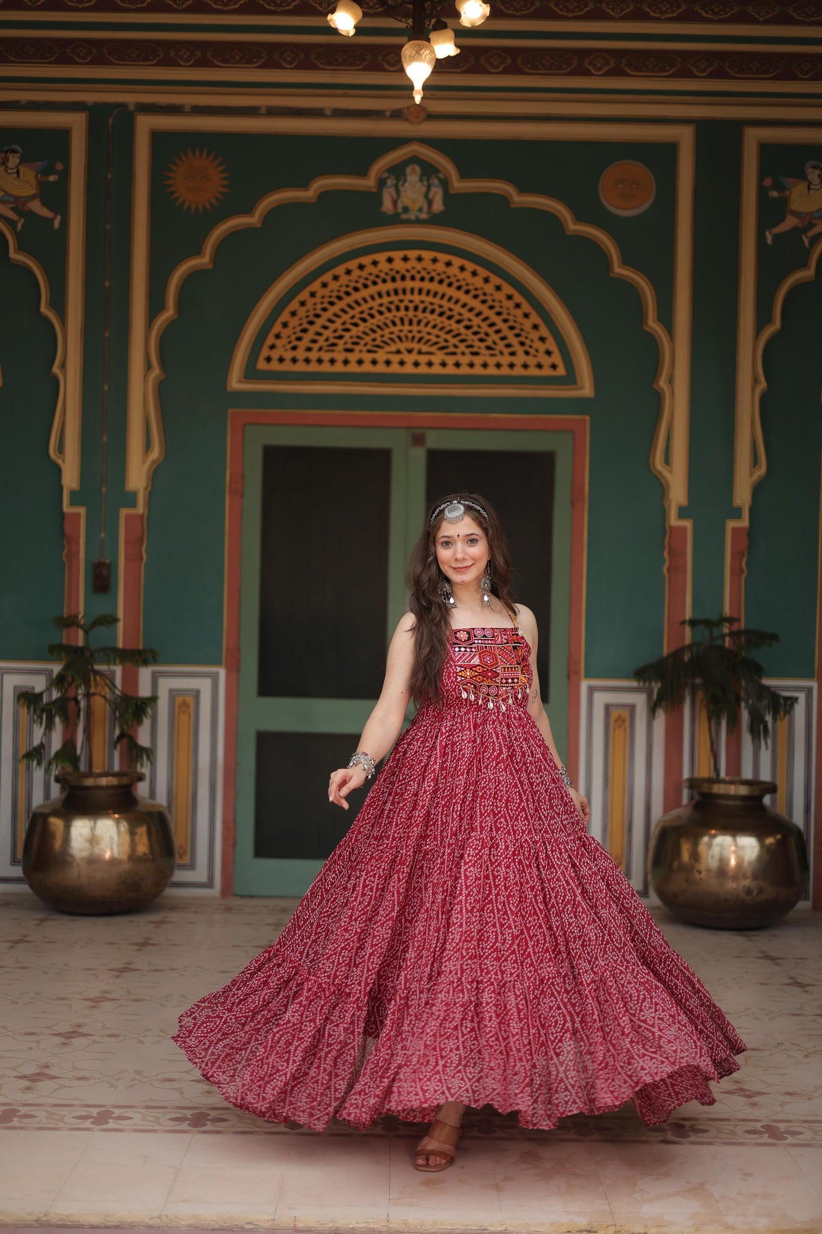 Naratri Collection Georgette Bandhani Print Maroon Color Ruffle Gown