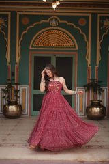 Naratri Collection Georgette Bandhani Print Maroon Color Ruffle Gown