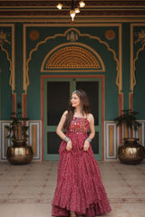 Naratri Collection Georgette Bandhani Print Maroon Color Ruffle Gown