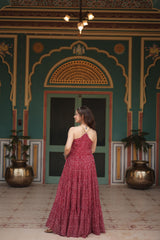 Naratri Collection Georgette Bandhani Print Maroon Color Ruffle Gown