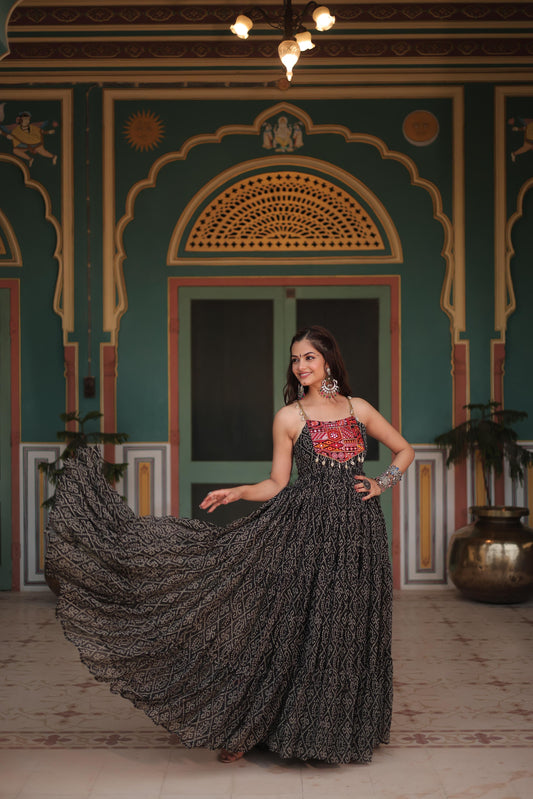 Naratri Collection Georgette Bandhani Print Black Color Ruffle Gown