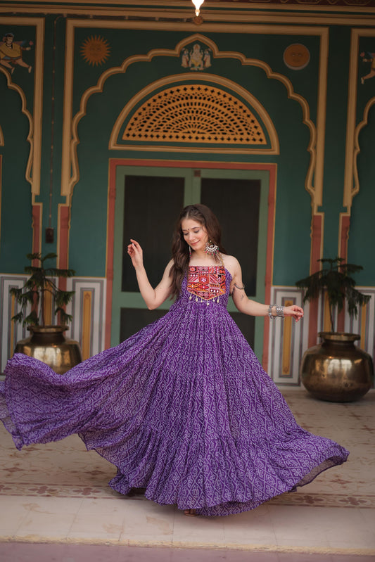 Naratri Collection Georgette Bandhani Print Purple Color Ruffle Gown