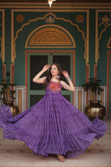 Naratri Collection Georgette Bandhani Print Purple Color Ruffle Gown