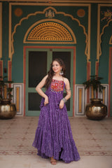 Naratri Collection Georgette Bandhani Print Purple Color Ruffle Gown