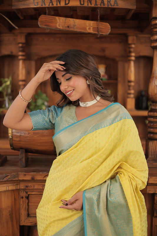 Gorgeous Kanjivaram Sky Blue Border With Yellow Color Saree