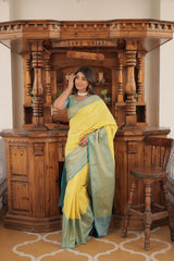 Gorgeous Kanjivaram Sky Blue Border With Yellow Color Saree