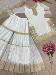 Marvelous Embroidery Work White Color Sharara Suit