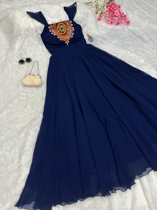 Amazing Navratri Style Mirror With Kodi Work Blue Color Gown