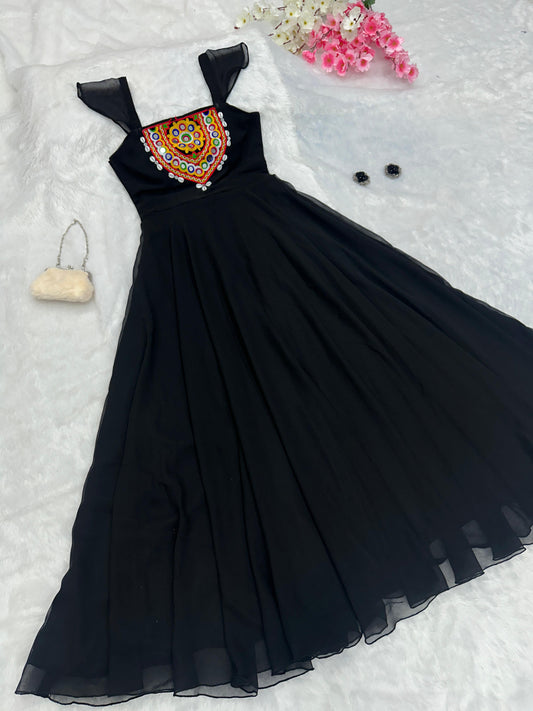 Amazing Navratri Style Mirror With Kodi Work Black Color Gown