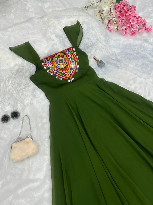 Amazing Navratri Style Mirror With Kodi Work Green Color Gown