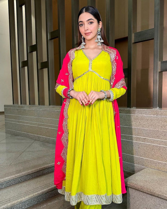 Fabulous Yellow Color Sequence Work Georgette Anarkali Gown