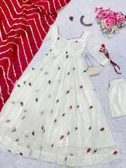 Marvelous White Color Multi Embroidery Butta Work Anarkali Suit