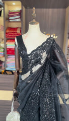 Elegant Organza Black Color Sequence Work Party Wear Saree