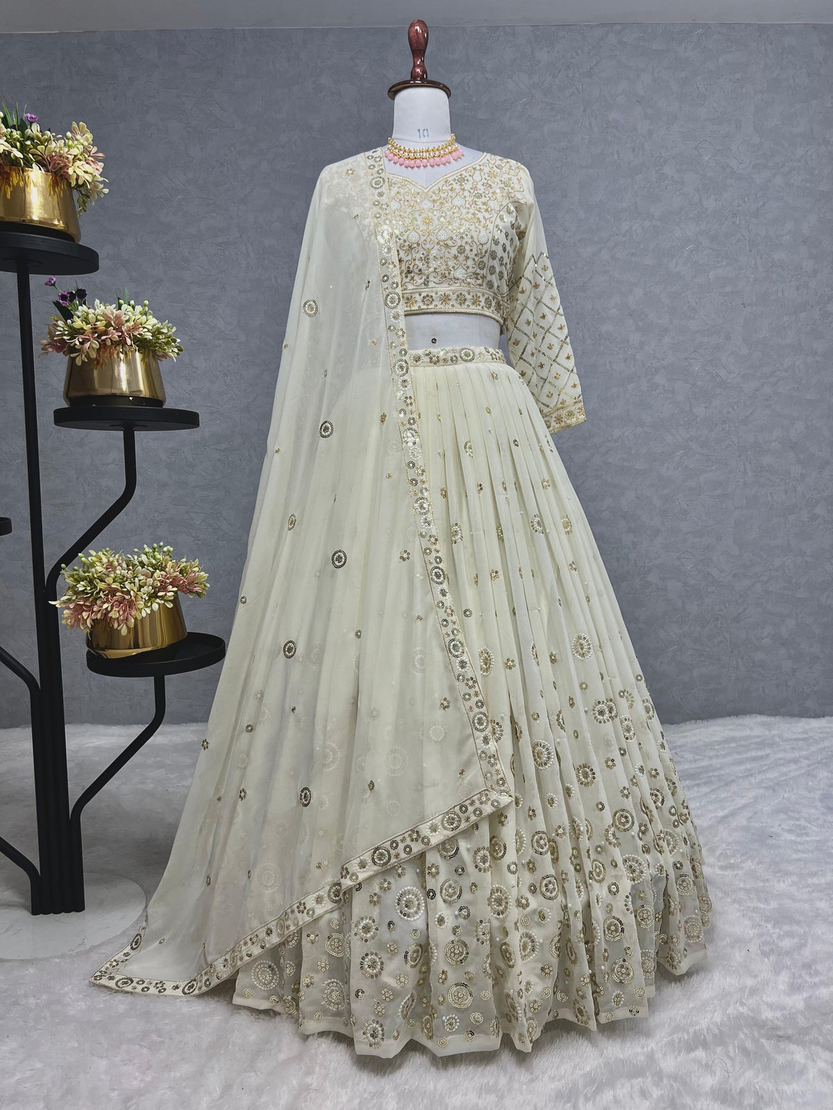 Unique Georgette White Color Embroidery Sequence Work Lehenga Choli