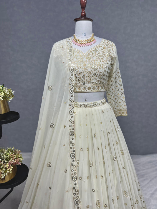 Unique Georgette White Color Embroidery Sequence Work Lehenga Choli