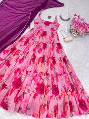 Peaceful Pink Ruffle Flair Flower Design Georgette Long Gown