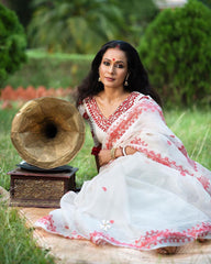 Trendy Red Motif White Embroidery Work Organza Saree