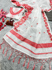 Trendy Red Motif White Embroidery Work Organza Saree