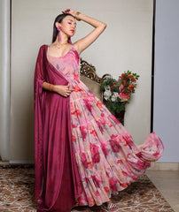 Peaceful Pink Ruffle Flair Flower Design Georgette Long Gown