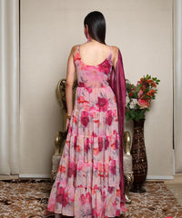 Peaceful Pink Ruffle Flair Flower Design Georgette Long Gown