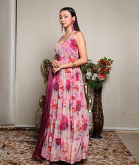 Peaceful Pink Ruffle Flair Flower Design Georgette Long Gown