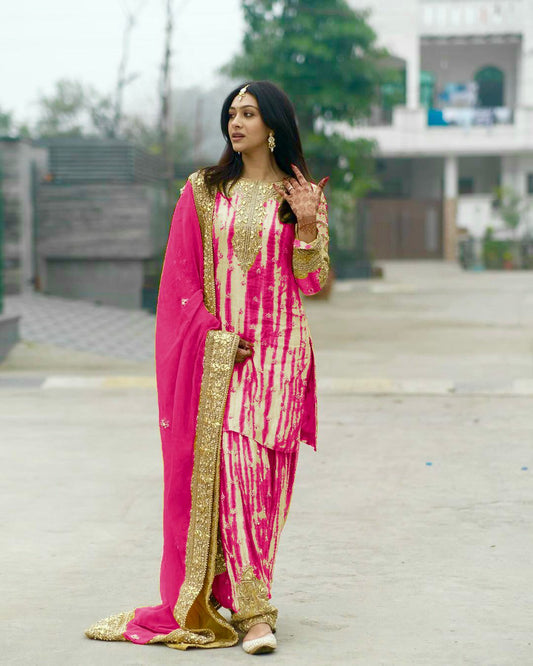 Digital Print Pink Color Mirror Work Patiala Suit