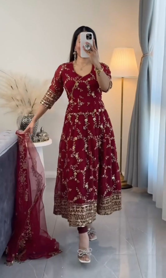 Gorgeous Embroidery Red Color Full Sequence Work Anarkali Suit