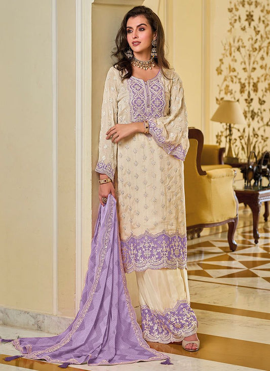 Fashionable White And Purple Color Work Palazzo Suit